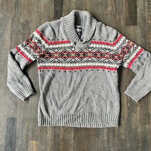 OshKosh B'gosh Sweater Boys Sz 8 Gray Red Collared Argyle Knit Pullover EUC